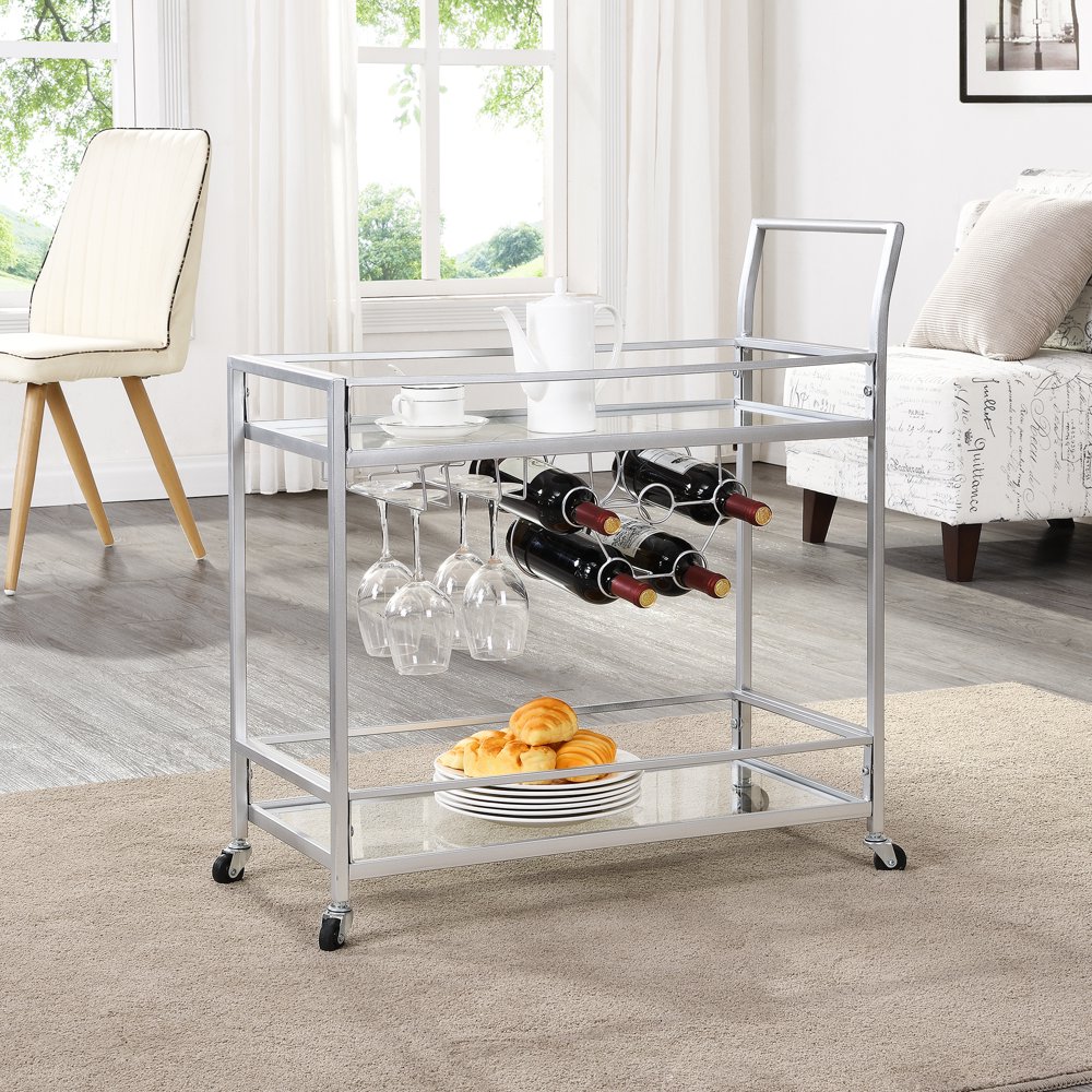 FirsTime & Co. Delilah Silver Bar Cart, American Crafted, Silver, 29.75