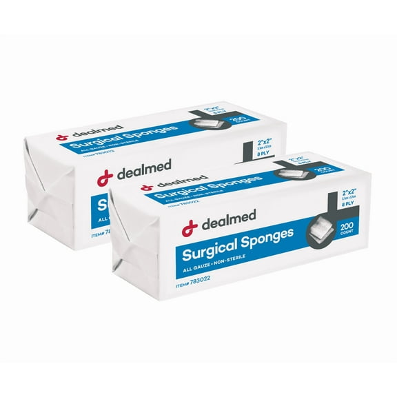 Dealmed 2" x 2" Surgical Sponges, 8-Ply Absorbent Gauze for Prepping, Cleaning, Wound Dressing, and First Aid Kits, 200 Count (2 Pack)