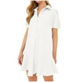 thumbnail image 1 of Women's Summer Solid Color Lapel Short Sleeved Buttoned Open Chest Pleated Ruffled Dress Short Skirt,Stylish Lapel Dress with Short Sleeves, Button Detail, and Pleated Ruffles All-Season Wear, 1 of 8