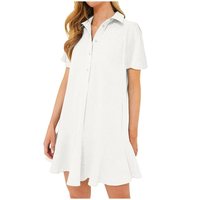 Women's Summer Solid Color Lapel Short Sleeved Buttoned Open Chest Pleated Ruffled Dress Short Skirt,Stylish Lapel Dress with Short Sleeves, Button Detail, and Pleated Ruffles All-Season Wear