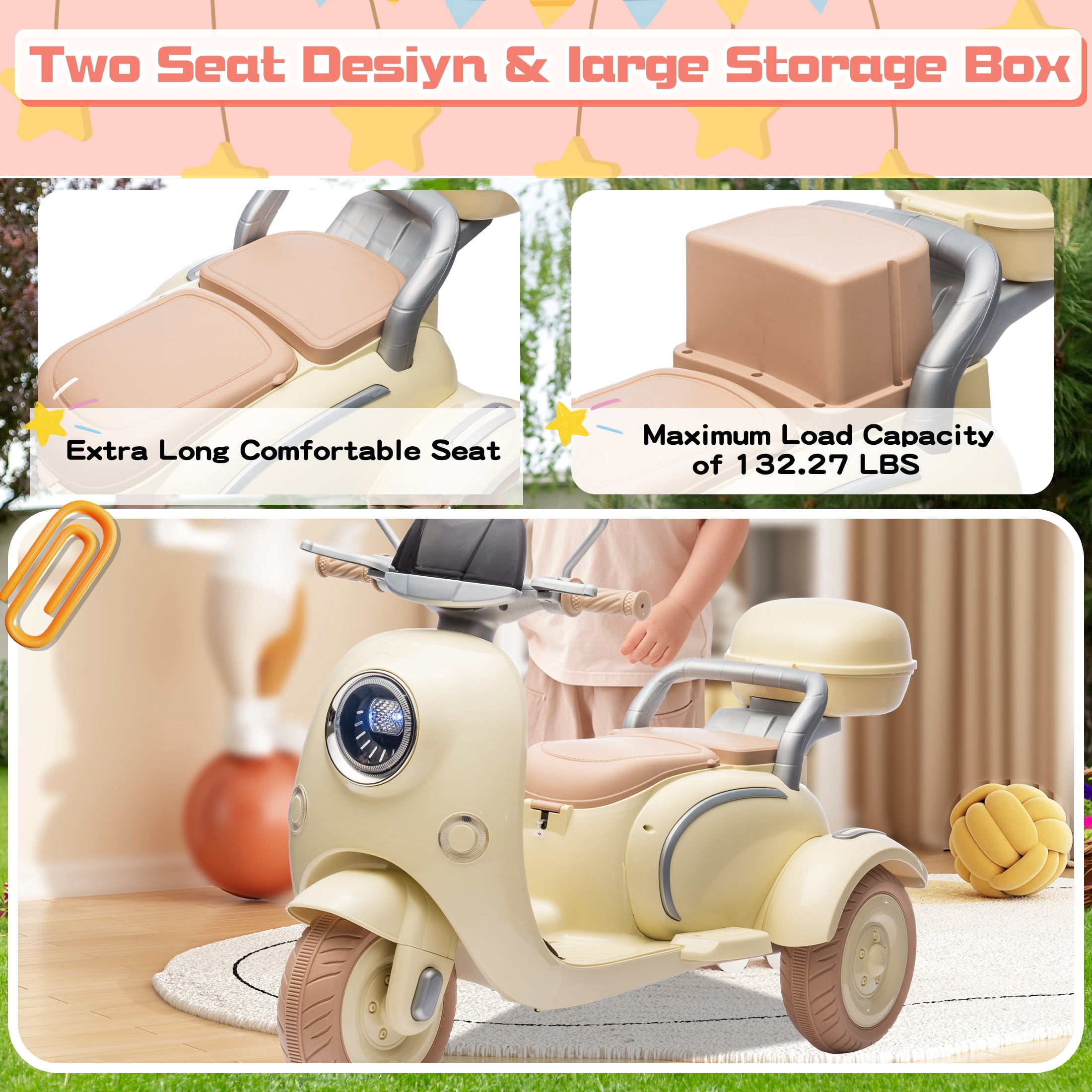 Dvsripa 12V Kids Electric Motorcycle,2 Seater Ride on 3 Wheel Scooter,Multi-function player,USB,Bluetooth,light,Backseat flip adult seat,Oversized Storage Box for kids Aged 3-6,Beige