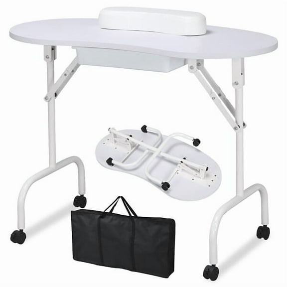 Favory Portable & Foldable Manicure Table Nail Desk Workstation with Large Drawer/Client Wrist Pad/Controllable Wheels/Carrying Case for Spa Beauty Salon,White