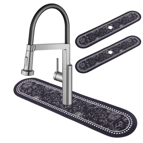 TMWEFUSC 2 Pcs Black Kitchen Sink Splash Guard Faucet Mat, Vintage Flower Pattern Absorbent Drying Pad, Non-Slip Splatter Guard for Countertop Bathroom 5.32 x 23.62"