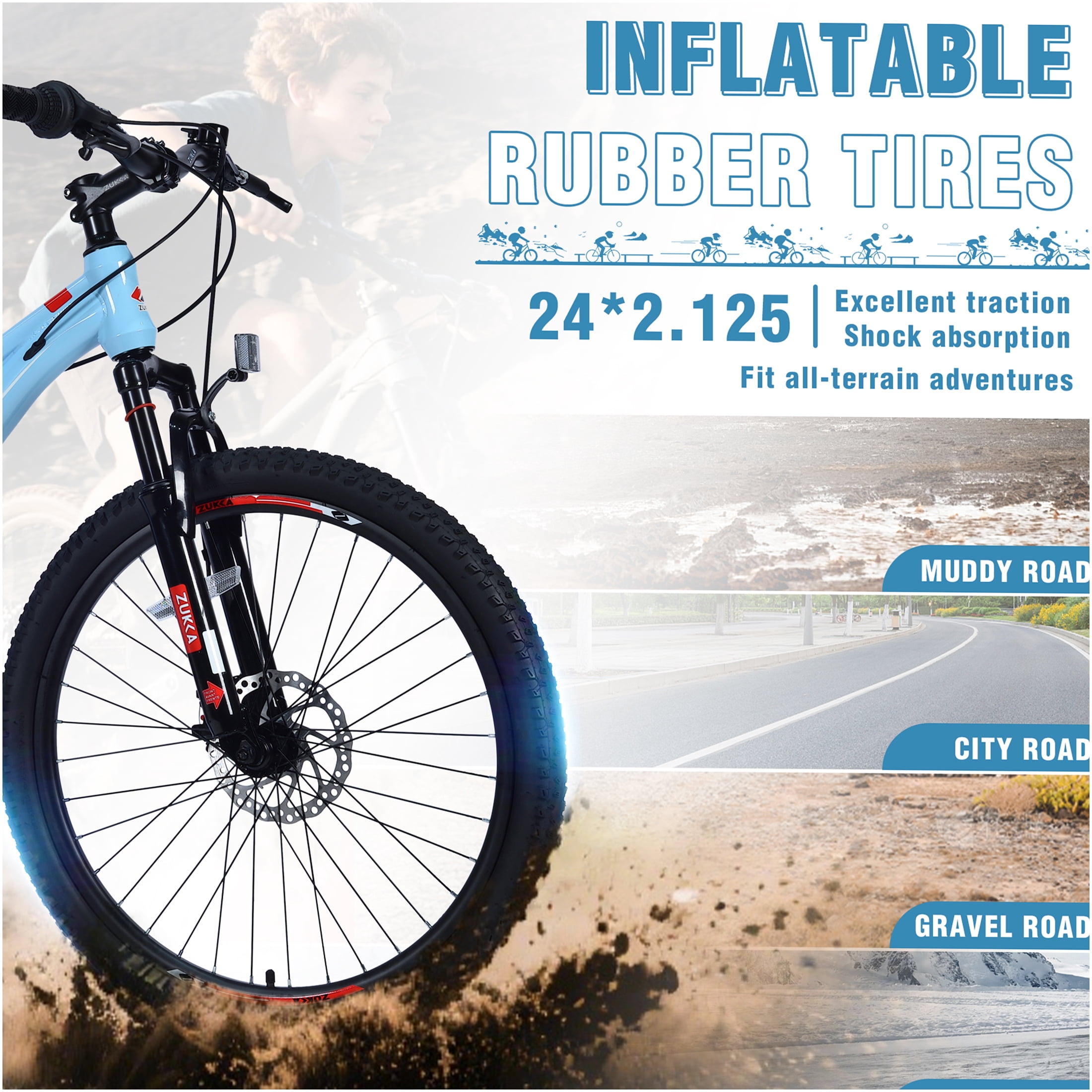 JERFIT 24 Inch Youth Mountain Bike for Boys and Girls, 6-Speed Shimano Gears, Steel Frame, Front Suspension Fork, Front & Rear Disc Brakes, Blue