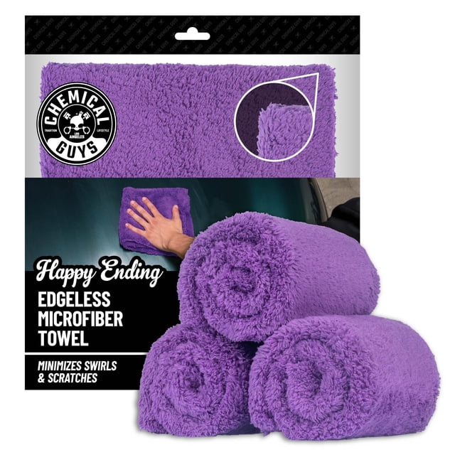 Chemical Guys Toalla de Microfibra sin Bordes de Felpa Ultra Suave Happy Ending, Morada, 16" x 16" (Paquete de 3)