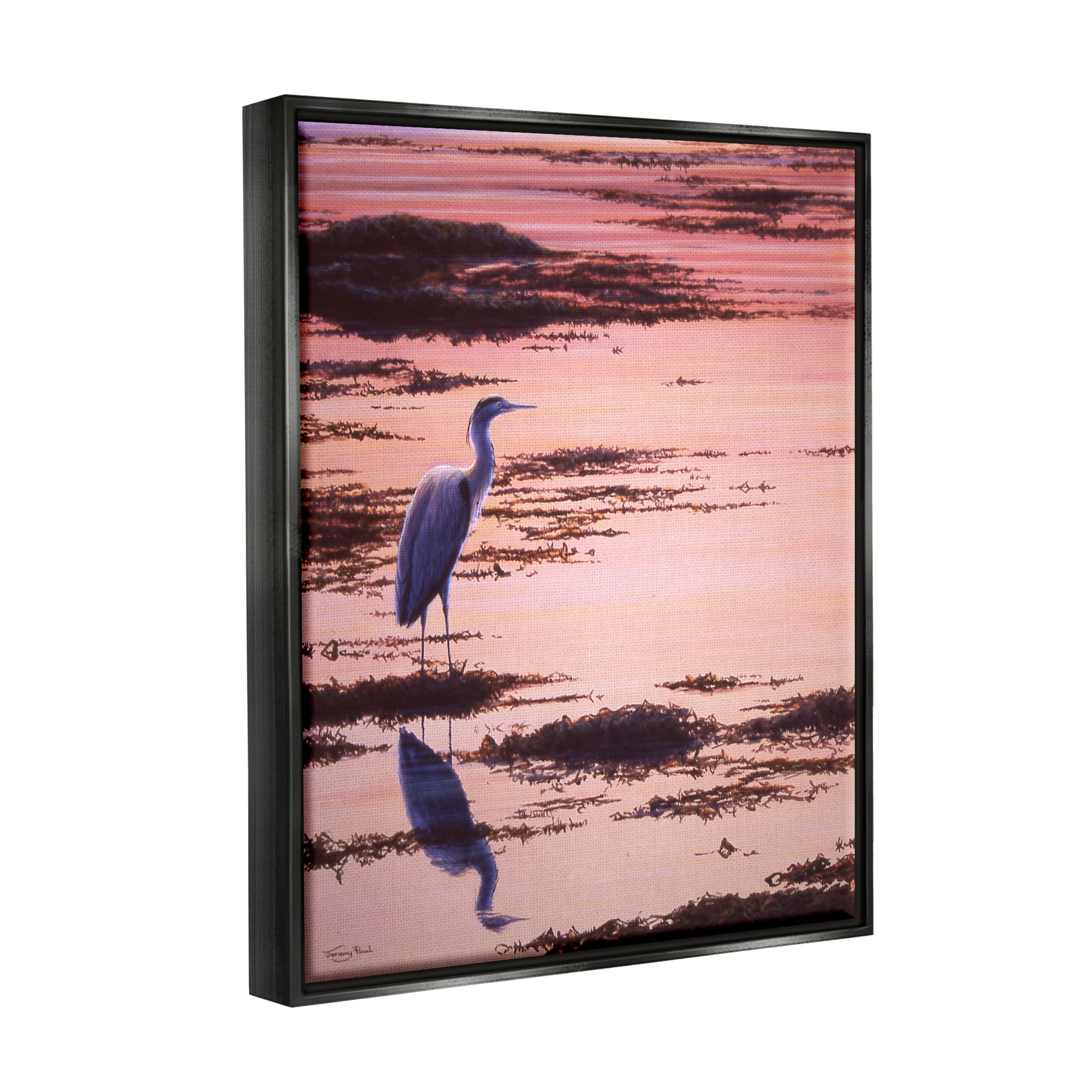 Stupell Industries Crane Bird in Sunrise Marsh Coastal Photography Black Floater Framed Art Print Wall Art