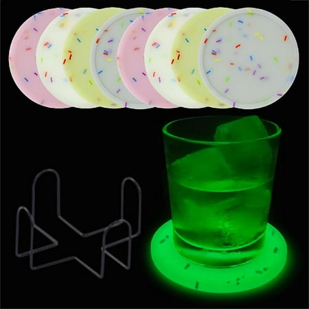 

8-Pack Luminous Coasters with Holder 4 Inches Round Silicone Glow in The Dark Drink Coasters for Car Cup Bar Club Party Decoration (Candy Colors)