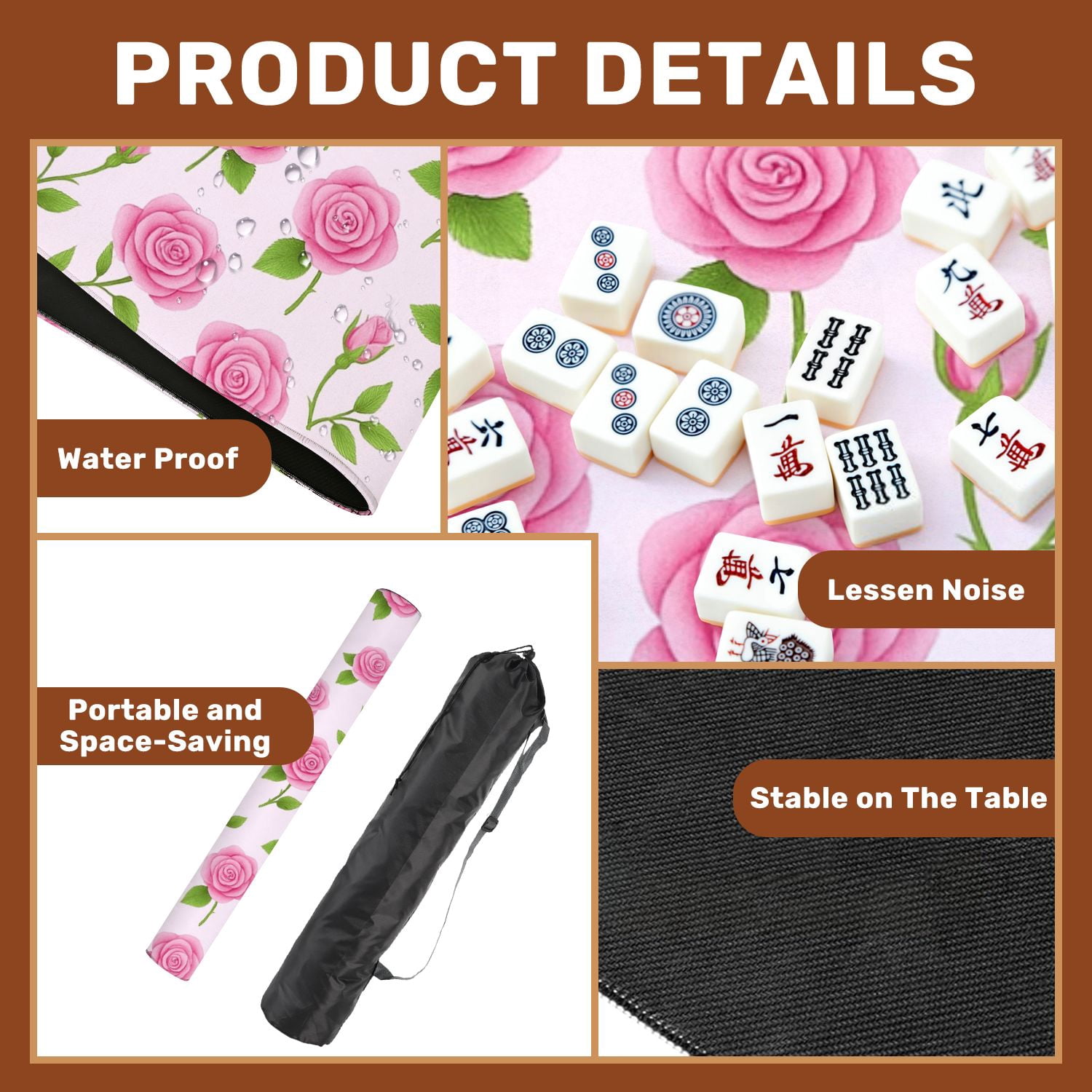Mahjong Mat 31.5" x 31.5" Seamless Pink Rose Flower Green Leaves Light Non-Slip Noise Reduction American Mahjong Tiles Table Cover for Dominoes Poker Card Board Games Gift