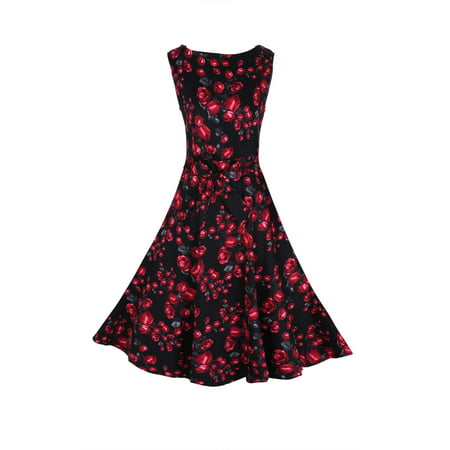 Stylish Lady Women Fashion Casual Sleeveless Floral Printed Mid-calf Length Party Cocktail Evening Dress RllYE