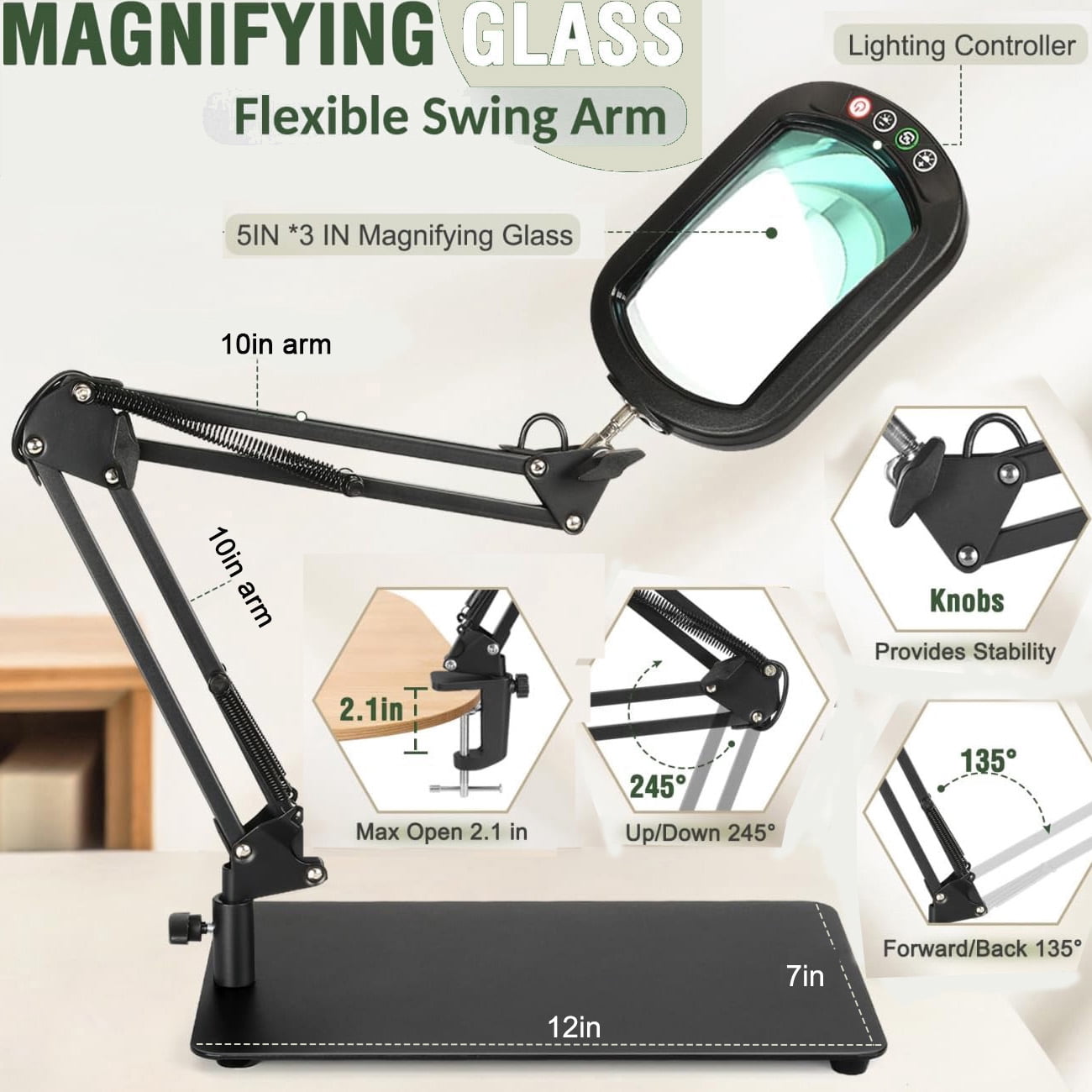 LED Magnifying Desk Lamp with Clamp, Square Real Glass Lens, 5 Color Modes Stepless Dimmable, Hands-Free for Reading Craft Hobby Close Work - Black
