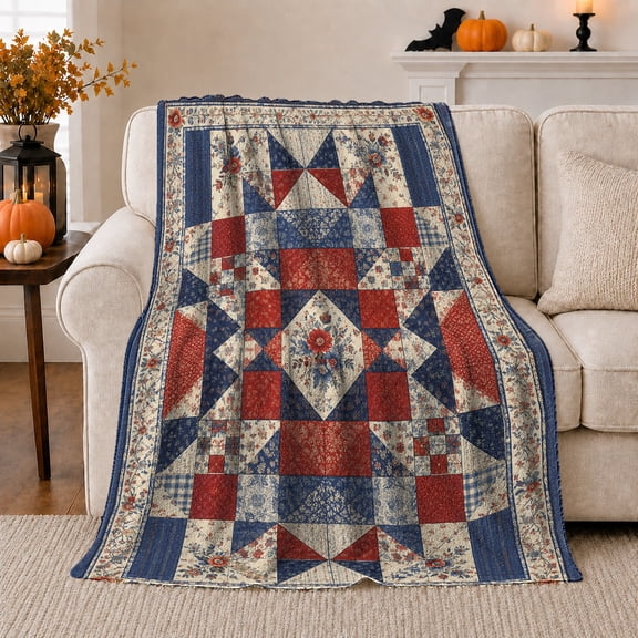 Vintage Patchwork Floral Medallion Plaid Comfort, Festive autumn celebration Scene, Warm Flannel Blanket for Ranch House and Living Room, Art Lovers autumn celebration Gift, Festive Home Decor