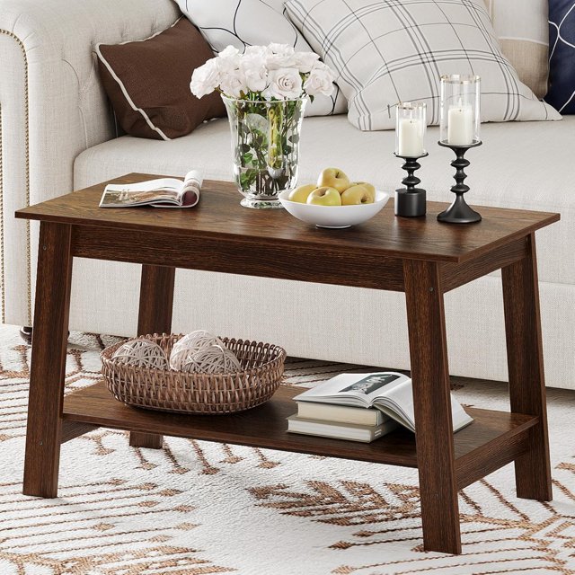 OUYAWEI 2-Tier 31.49Inch Coffee Table for Living Room, Industrial Coffee Table with Storage Shelf,Farmhouse Center Table,Rectangle Wood and Stable,Space Saving Easy Assembly,Light Walnut #Y45014I