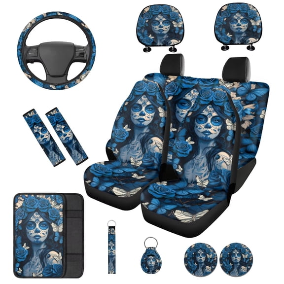 Binienty 14 Pack Auto Seat Covers Front and Back Halloween Car Seat Covers Full Set with 15 Inch Steering Wheel Cover Armrest Pad Keychain Coasters Day of the Death Car Interior Decor Set