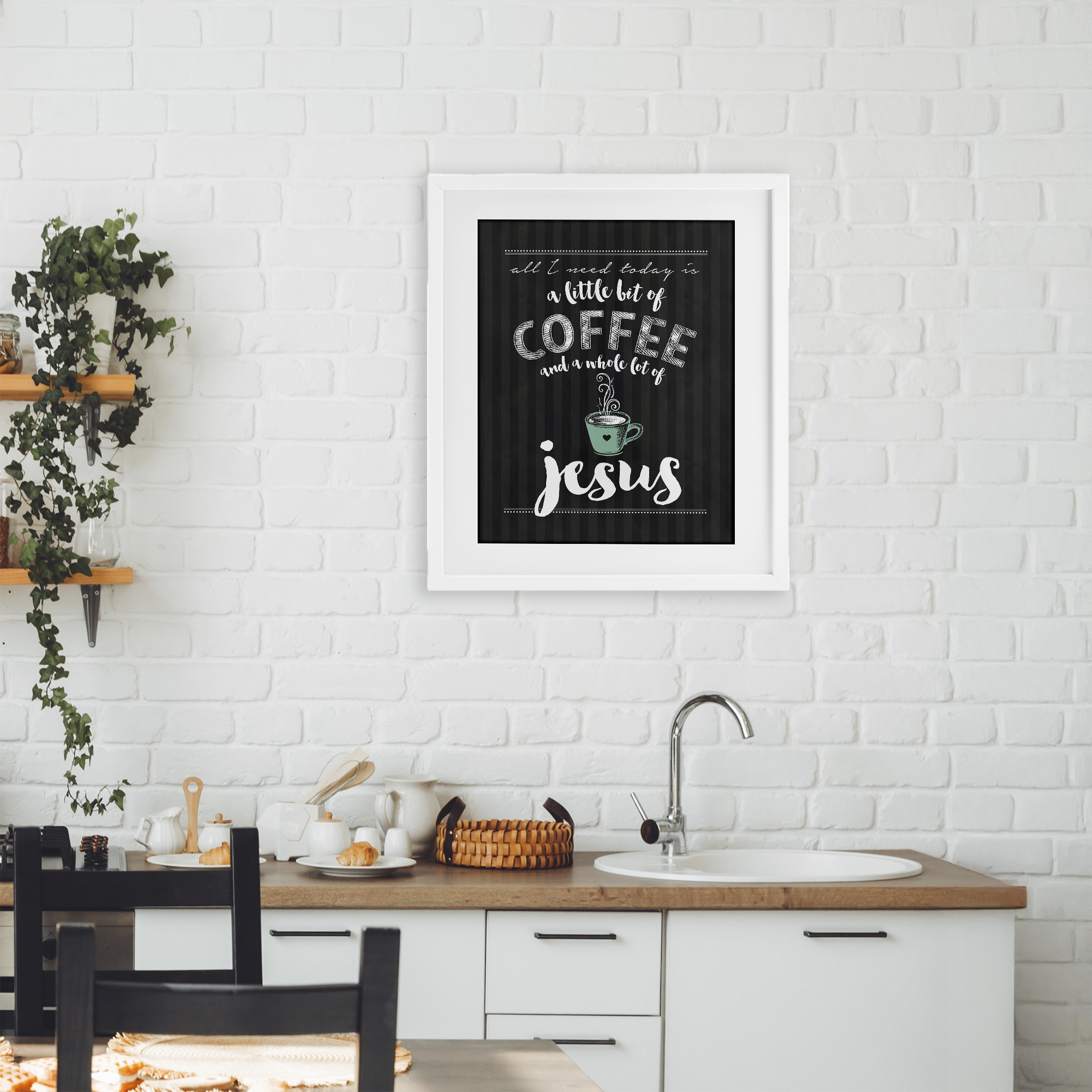 Little Coffee & Whole Lot Of Jesus White Framed Print Under Glass, design by Lettered and Lined