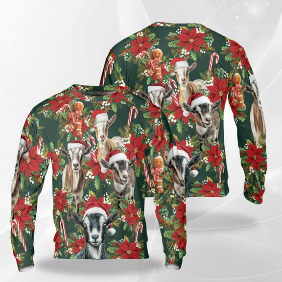 Goat Christmas Sweatshirt, Funny Farm Animal Holiday Crewneck, Santa Hat Goat with Poinsettia and Candy Cane Pullover, Country Christmas Sweater for Men Women