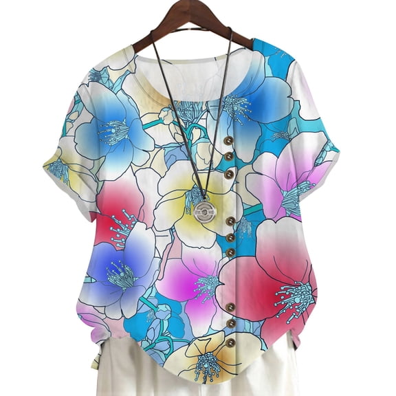 CLOOCL Short Sleeve Blouse Elegant Floral 3D Printed Tee Tops Oversized
