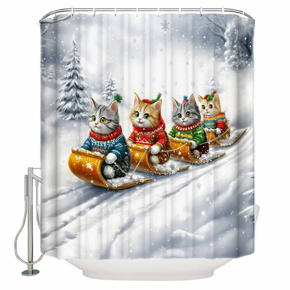 Small Stall Shower Curtain 48x72 Inch Narrow Half Size Christmas Bath Curtains Bathroom Decor Funny Cats Sleds Skiing Winter Forest Tree Waterproof Fabric Shower Curtain Set with Hooks 48 Inch