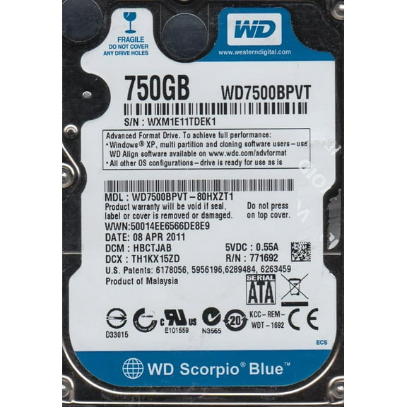 WD7500BPVT-80HXZT1, DCM HBCTJAB, Western Digital 750GB SATA 2.5 Hard Drive