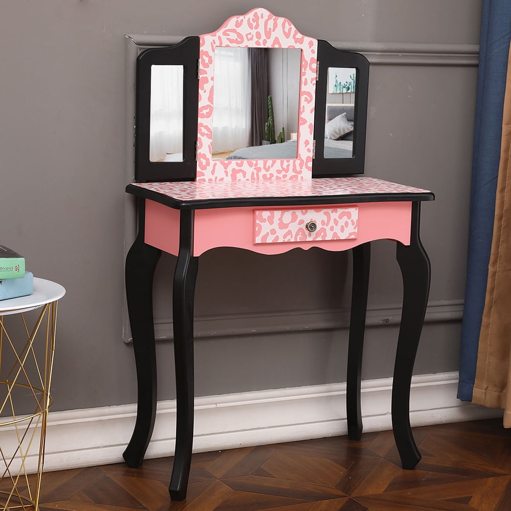 Paproos Kids Vanity with Mirrors and Stool, Pretend Play Kids Vanity Set with Tri-folding Mirror, Drawer, Princess Makeup Vanity Desk, Toddler Vanity Dressing Table for Little Girls 3+, Pink Leopard