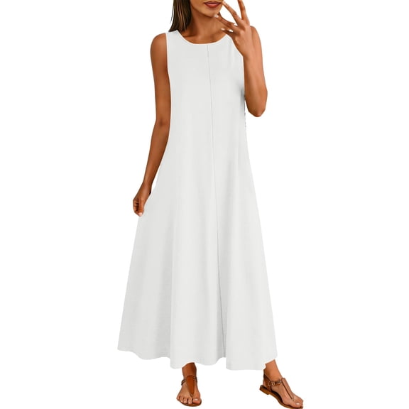 Lenpel Womens Summer Maxi Tank Dresses Boat Neck Sleeveless Long Sundresses with Pockets Casual Loose Beach Vacation Clothes