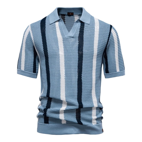 Mens Knit Golf Shirts Short Sleeve Striped Retro Old Money Style V Neck Casual Summer Fashion Lightweight Breathable Ice Silk Textured Vacation Beach Tops