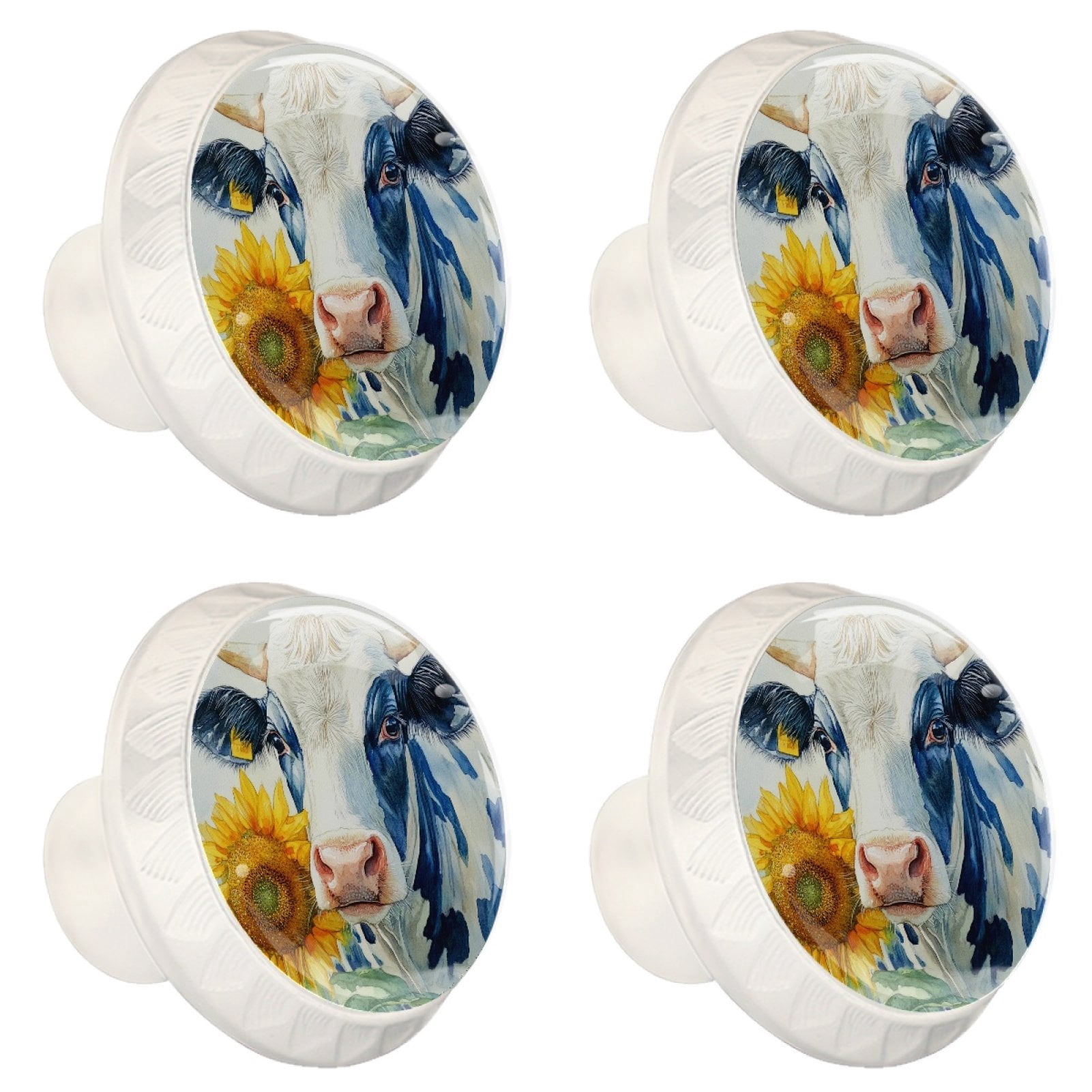 4 Pcs Cow and Sunflower Knobs for Kitchen Cabinet Cupboard Dresser Bookcase Drawer Pulls Handles Round Home Decor