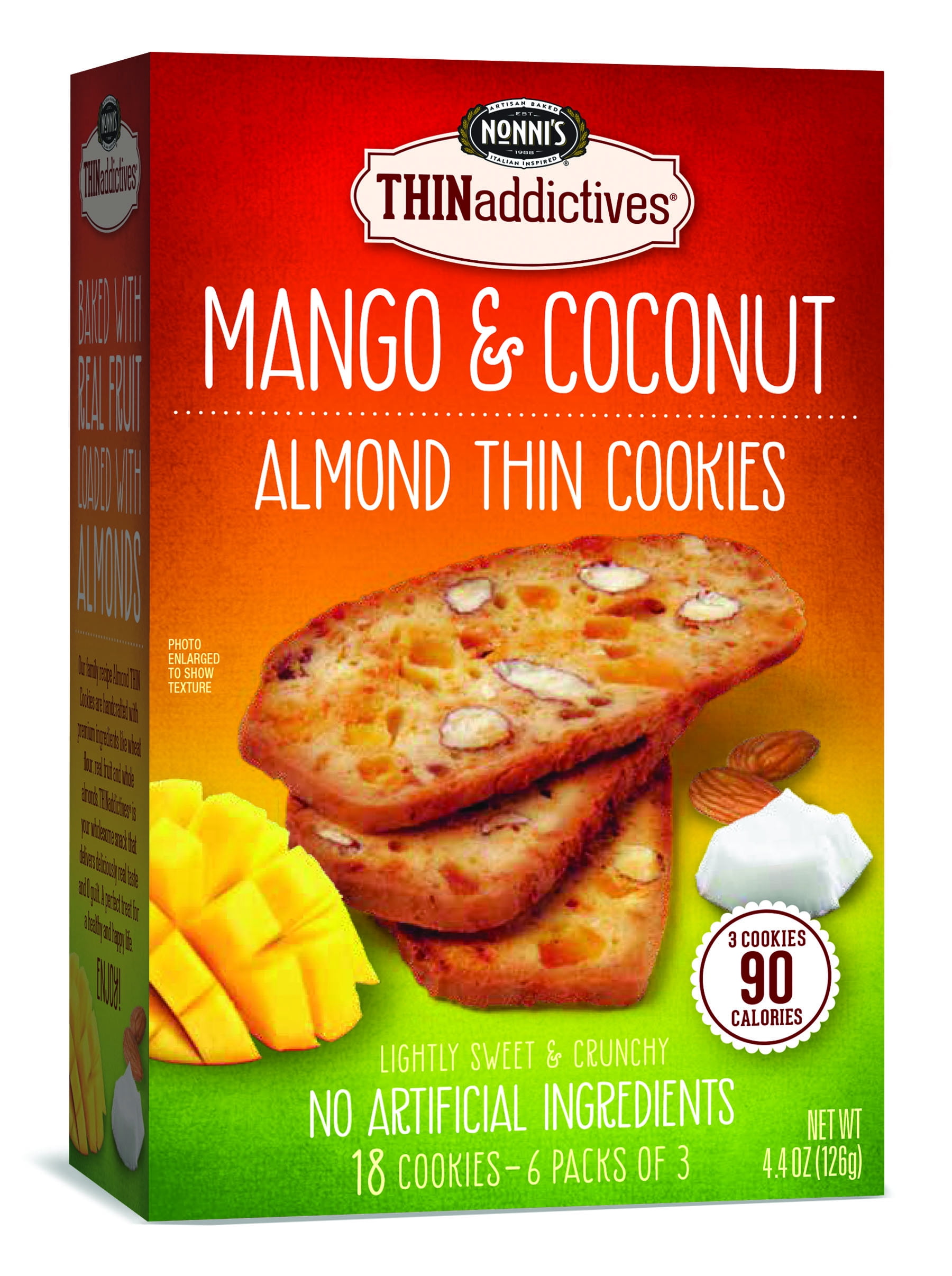 (4 pack) Nonni's Thinaddictives Mango Coconut Almond Thin Cookies, 4.4 Oz., 6 Count