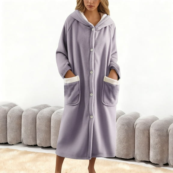 Nightgown for Women Long Sleeve Button Down Hooded Fuzzy Robes for Women Long Warm Robe Womens Robes Flannel Nightgown Women