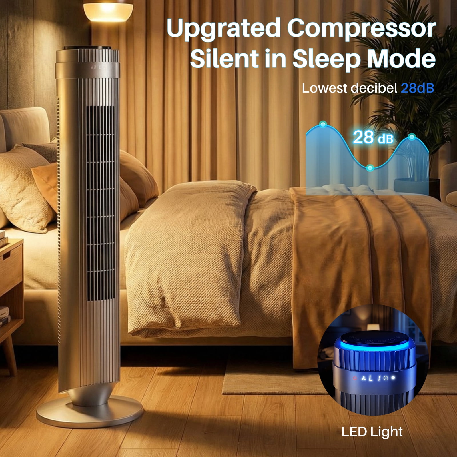 EDX Bladeless Tower Fan for Bedroom, 25ft/s High Velocity 28dB Quiet DC Fan, 5 Speeds 4 Modes, 12H Timer 64°Oscillating, Remote Standing Fan for Home Office Indoor, Silver