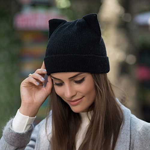 Women Cat Ear Beanie Hat Wool Braided 