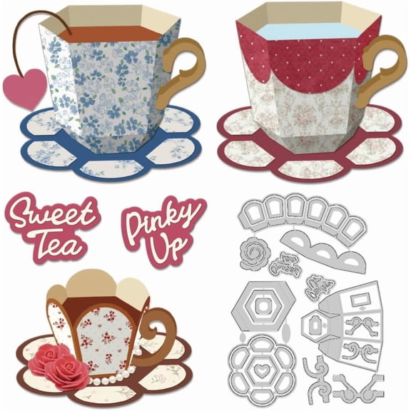 3D Tea Cup Die Cuts for Card Making Coffee Cups Carbon Steel Cutting Dies 2025 Tableware Scrapbooking Embossing Template Dies for DIY Birthday Gift Party Greeting Paper Card oto Album