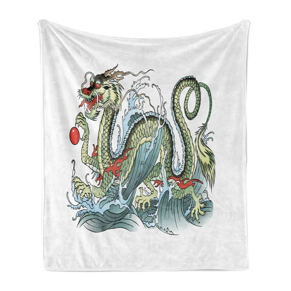 Japanese Dragon Soft Flannel Fleece Throw Blanket, Far Eastern Water Dragon Splashing Waves Creature, Cozy Plush for Indoor and Outdoor Use, 50" x 60", Pale Green Vermilion, by Ambesonne