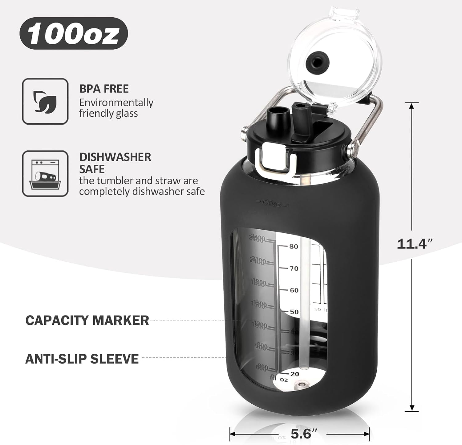 100oz Glass Water Bottle with Time Marker and Silicone Sleeve 3L Large Water Jug with Stainless Steel Handle Gallon Drinking Bottle with 2-in-1 Lid Wide Mouth BPA Free, Black