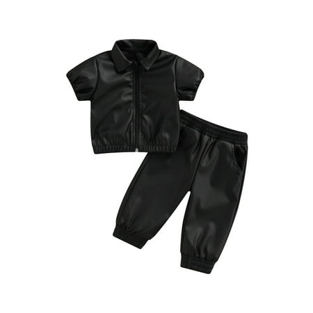 

Toddler Girl Summer Clothes Faux Leather Short Sleeve Zipper Turn Down Collar Shirt Tops Pants Set Outfits