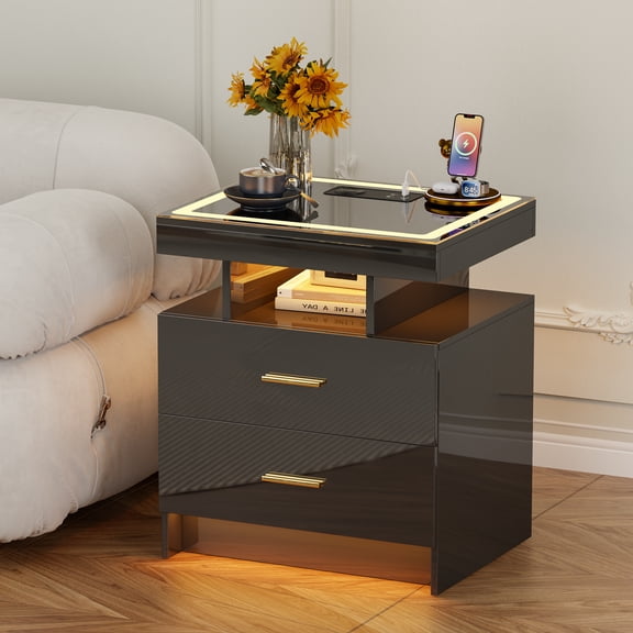 VKCC Modern 2-Drawer LED Nightstand with Charging Station, Bedside Table for Bedroom Living Room, Black