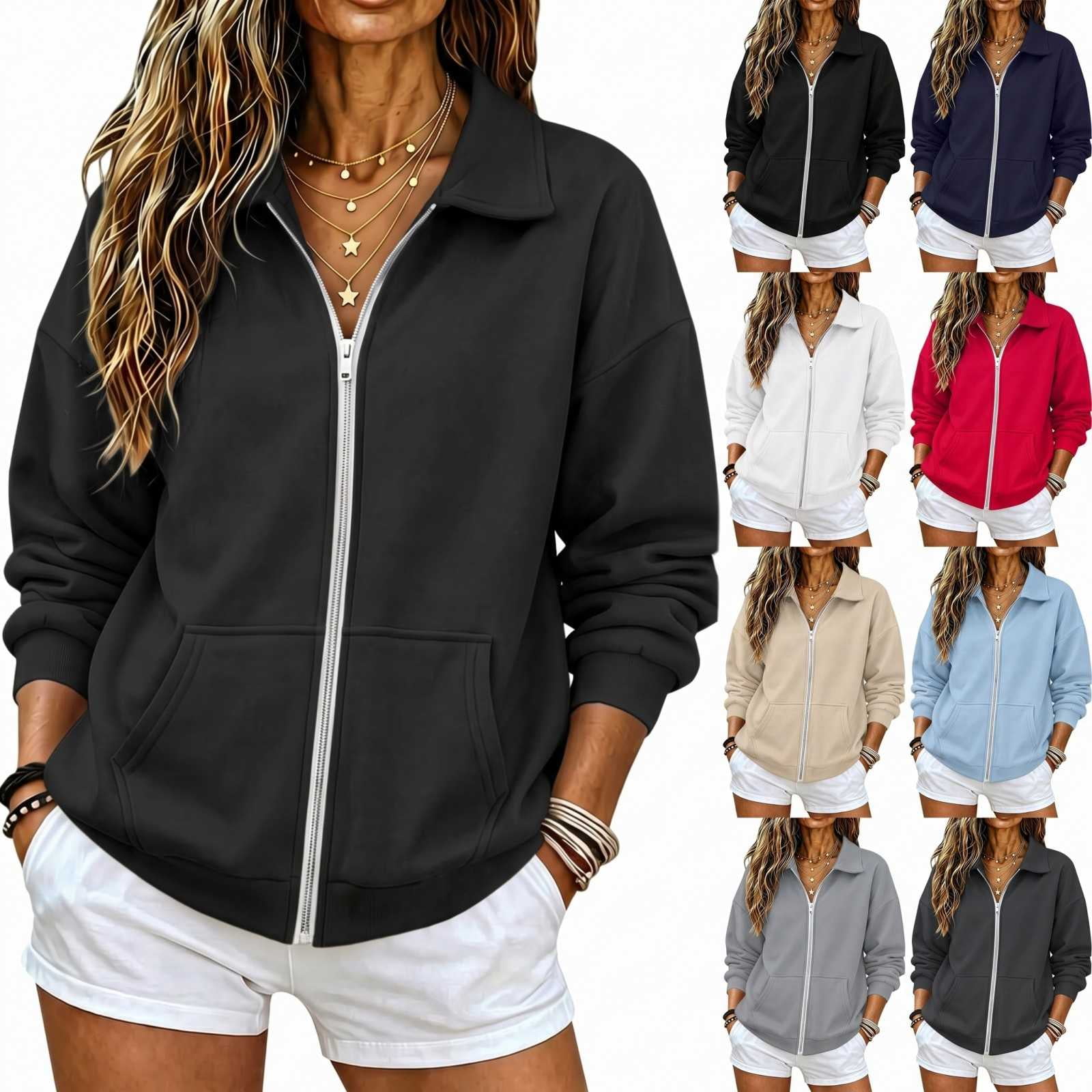 RotHome Women's Oversized Full Zip Up Sweatshirt with Kangaroo Pocket and Drop Shoulder Long Sleeve Collared Casual Lounge Coat for Fall Winter, Solid Black