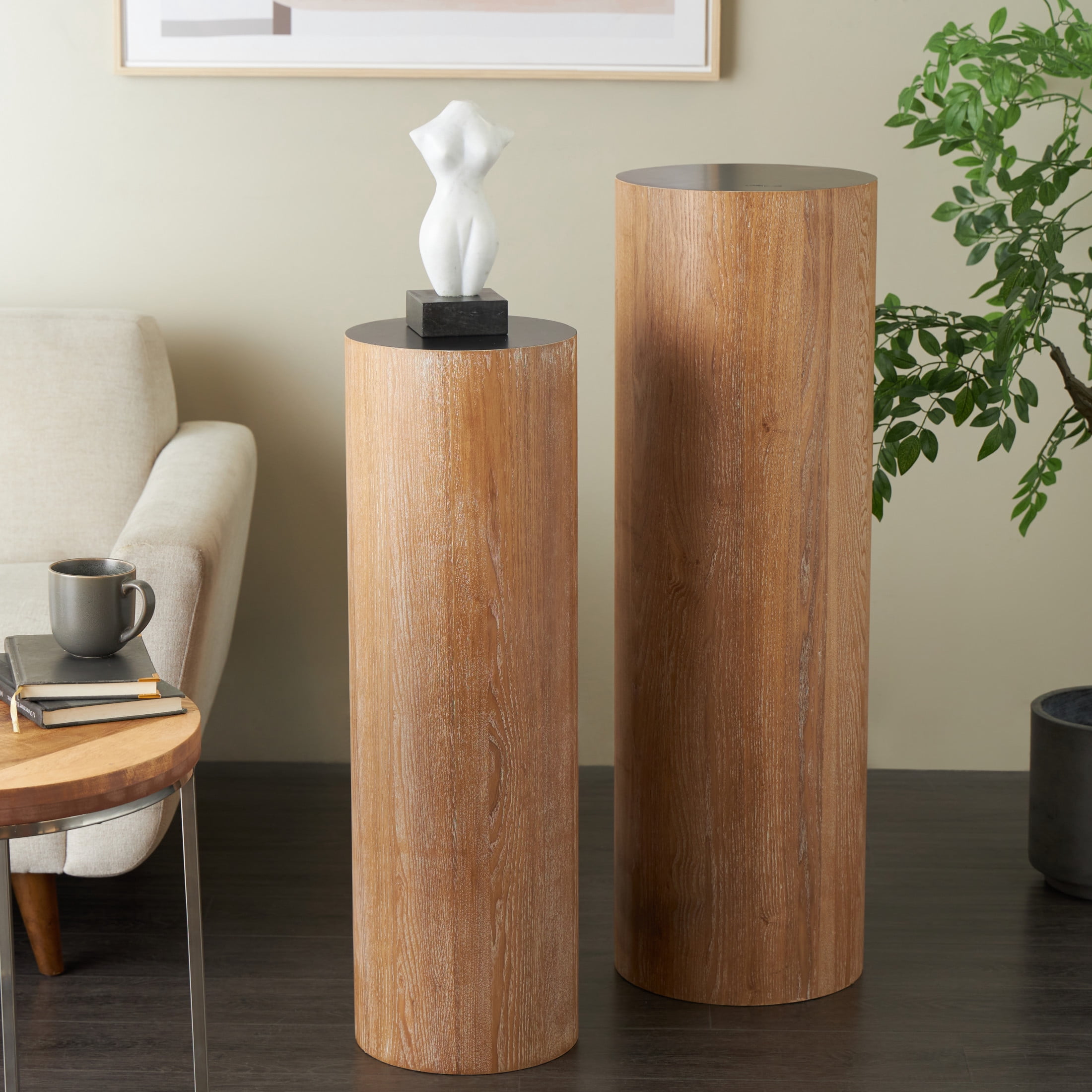 DecMode 40", 34"H Brown Wood Handmade Pedestal Pedestal Table, 2-Pieces