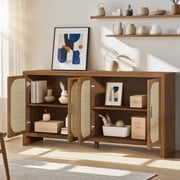 Rattan Sideboard with Storage, Buffet Cabinet with 4 Doors, TV Console with Adjustable Shelves for Living Room, Kitchen, Entryway