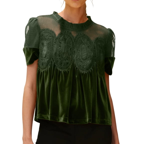 Lumtrix Women Velvet Lace Mesh Floral Crochet Babydoll Top Short Sleeve Ruffle Hem Blouse Casual Crew Neck Peplum Shirt Elegant Loose Top Army Green L