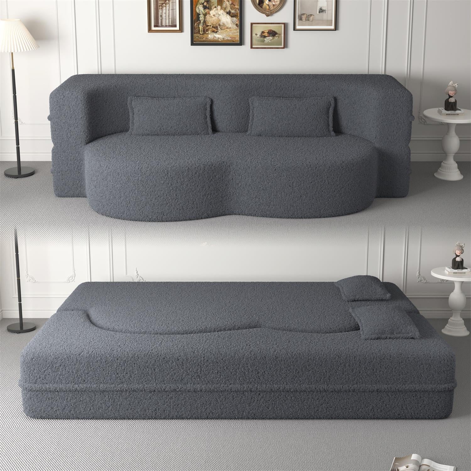 Demi Bonn Modern Convertible Floor Sofa Bed with 2 Pillows, Full Size 15" Folding Mattress, Teddy Fabric Foam-Filled for Living Room, No Assembly Needed, Gray