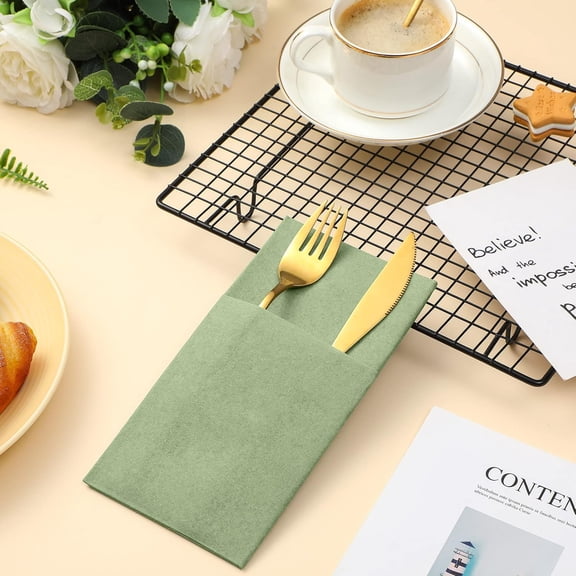 Sage Green Linen Dinner Feel Napkins with Built in Flatware Pocket Prefolded Paper Disposable Airlaid Guest Hand Towel for Silverware