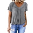 thumbnail image 2 of Naotn Ruched V-Neck Tops for Women Summer Casual Solid Color Short Sleeve Blouses Trendy Holiday Beach Shirts, 2 of 5