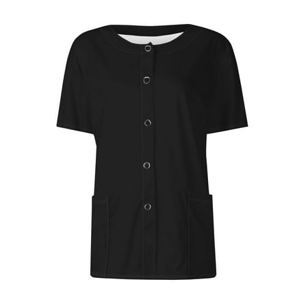 Vitastitch Scrubs for Women's Short Sleeve Work Print Scrub Jacket with Pockets, Stand-Up Collar Nursing Uniform Cardigan Top, Single-Breasted Casual Workwear for Spring Summer Fall Black Xxl