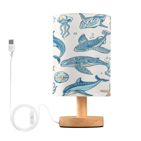 Ocean-themed Pattern Small Lamp Printed Gifts Table Lamp USB Bedside Desk Nightstand Lamp Wood Base for Bedroom Living Room Office Desk College Dorm