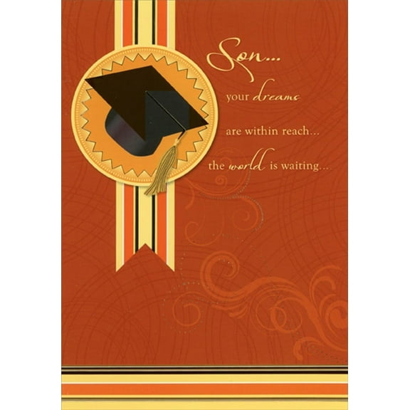 Designer Greetings Grad Cap on Orange Seal : Dreams Within Reach Graduation Congratulations Card for Son