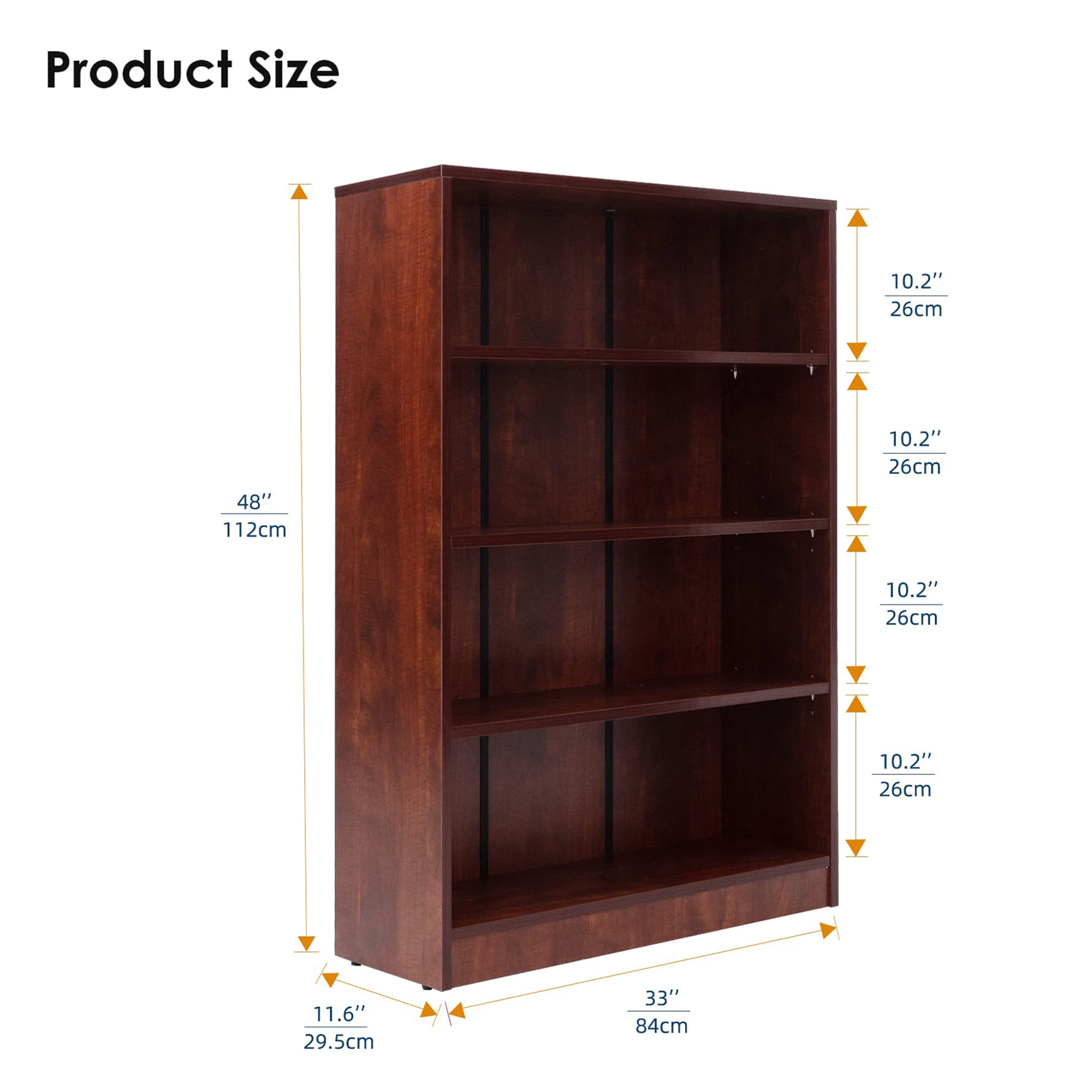 MAYEERTY Brown 4-Shelf Modern Wood Bookcase, 48" Tall, for Bedroom, Living Room, and Manga Library