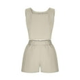 thumbnail image 4 of REORIAFEE Summer Two Piece Sets for Women 2023 Outfits Lounge Sets Beach Vacation Outfits Women's Two Piece Cotton Linen Sleeveless Square Neck Tops Shorts Set Beige XXL, 4 of 7