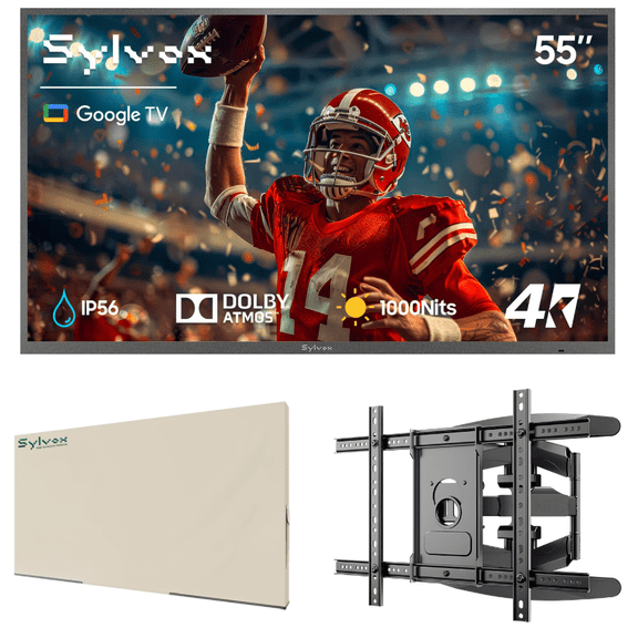 SYLVOX 55" Outdoor TV with Mount&Cover, 4K UHD, IP55 Weatherproof TV Partial Sun, 1000nit Brightness, Google OS, Dolby Atmos, Voice Remote (Deck Pro 3.0)