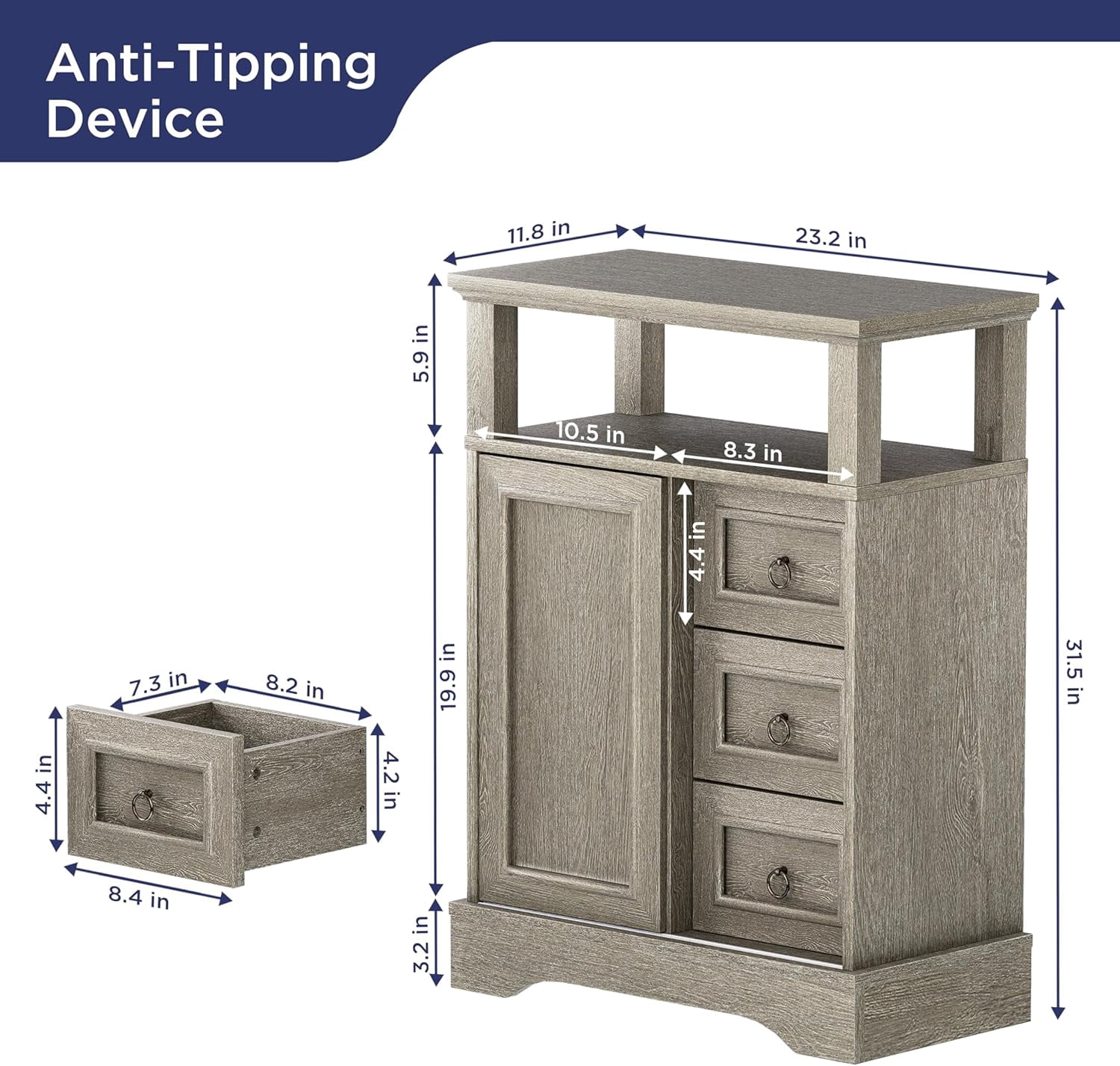 Vabches Kitchen Pantry Storage Cabinet with 3 Drawers, Vintage Floor Cabinet with Adjustable Shelves and Open Shelves for Kitchen,Living Room,Home Office