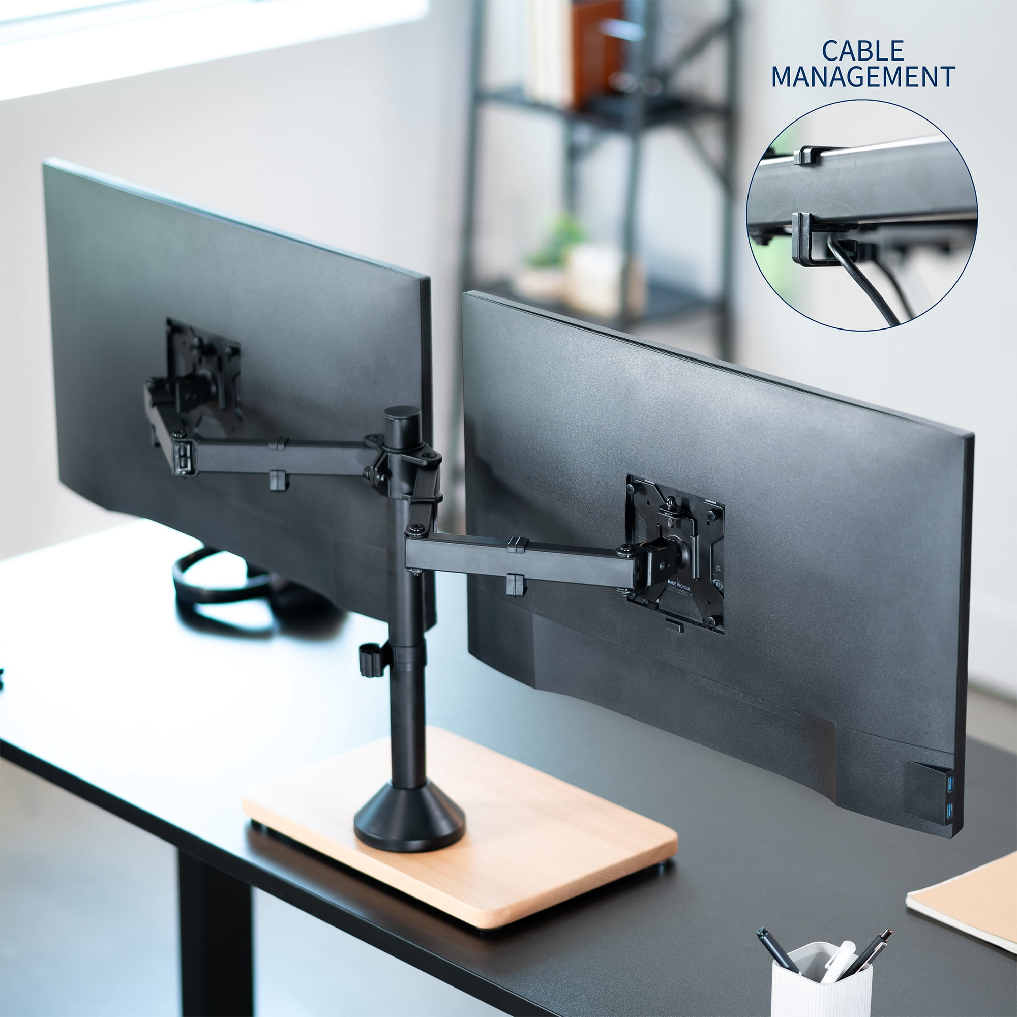 VIVO Dual Monitor Adjustable Mount w/ Wood Base, Fits Computer Screens up to 32"